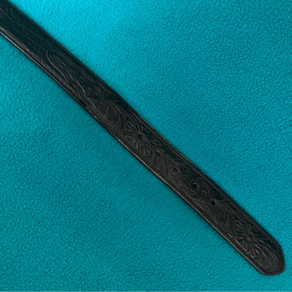 Nocona Black Tooled Leather Belt with Engraved Silver Buckle - Picture 5 of 10